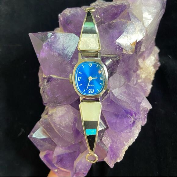 Sterling silver Zuni inlaid watch band turquoise, onyx, mother, mother of pearl - Picture 1 of 9